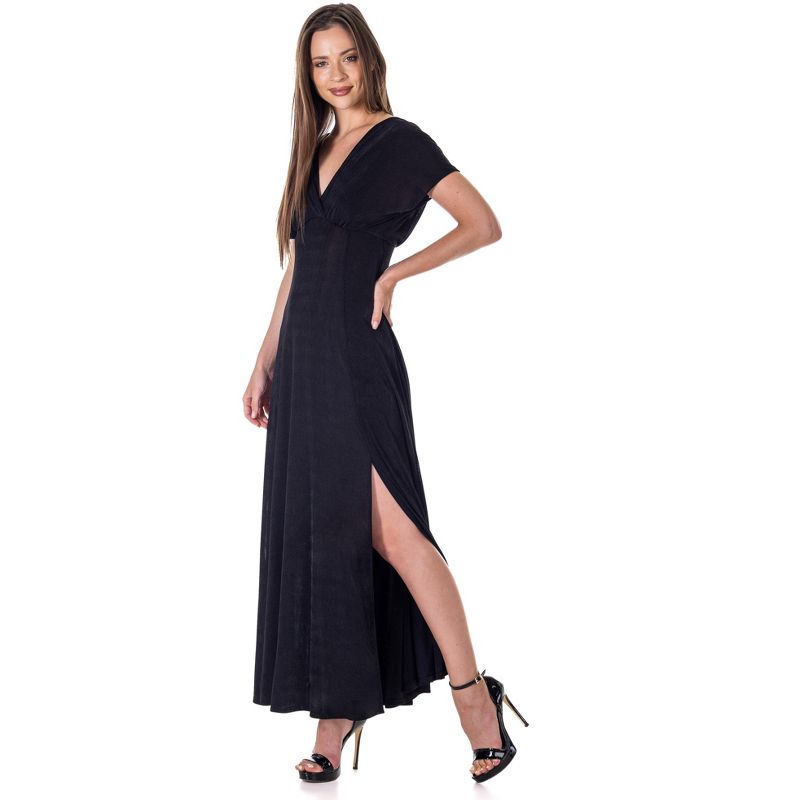 24seven Comfort Apparel Womens Flutter Sleeve Metallic Knit Maxi Dress Front Slit Empire Waist, 2 of 9