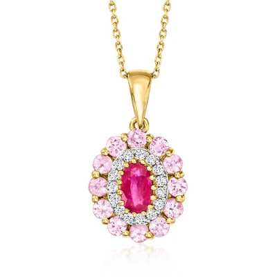 Ross-Simons 0.30 Carat Ruby and .80 ct. t.w. Pink Sapphire Pendant Necklace With .14 ct. t.w. Diamond in 14kt Yellow Gold Size 18