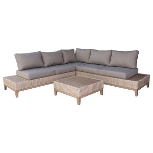 Outdoor Interiors Antique Stained Eucalyptus and Light Beige Wicker Contemporary Sectional Patio Furniture Set, 4 Piece - 1 of 4