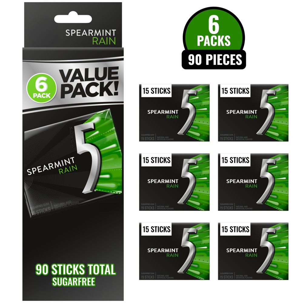 5 Gum Sugar-Free Spearmint Rain Chewing Gum - 15ct/6pk