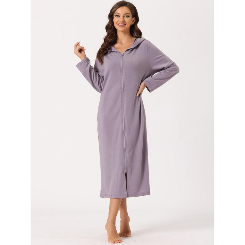 cheibear Women's Zip Front Hooded House Dress Nightshirt Housecoat Hoodie Long Bathrobe, 2 of 6