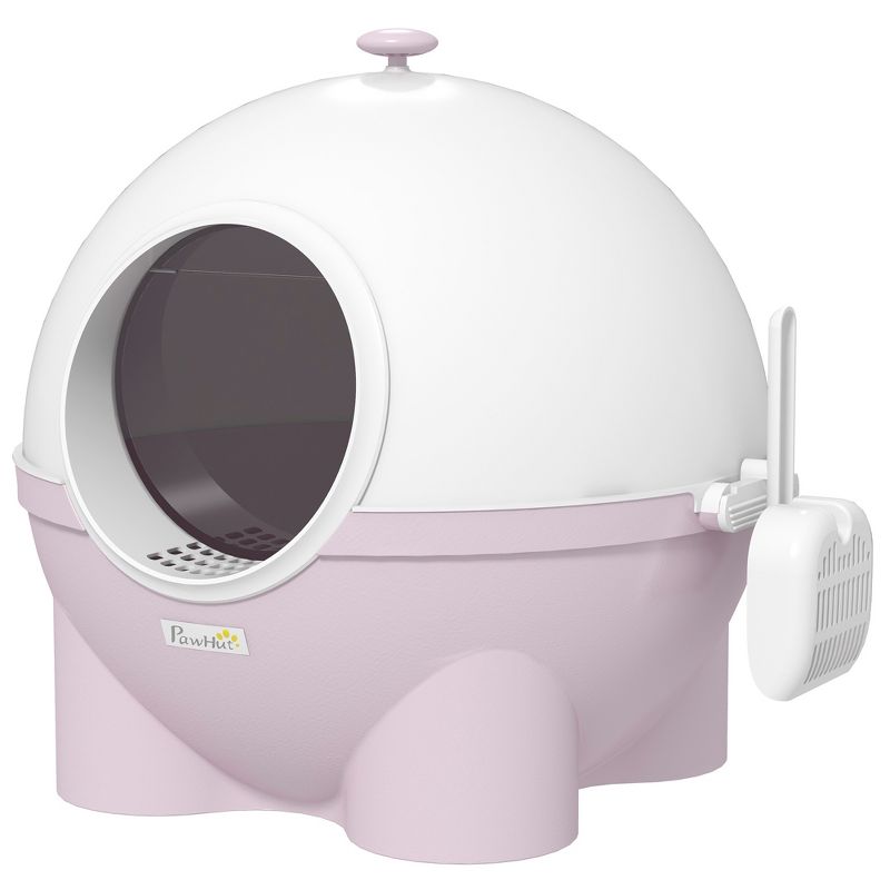 PawHut Hooded Cat Litter Box, Large Kitty Litter Pan with Lid, Scoop, Leaking Sand Pedal, Top Handle, Light Pink, 1 of 7