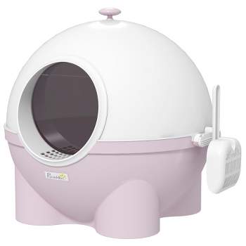 PawHut Hooded Cat Litter Box, Large Kitty Litter Pan with Lid, Scoop, Leaking Sand Pedal, Top Handle, Light Pink