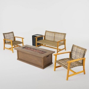 Breakwater 5pc Wood & Wicker Patio Chat Set with Fire Pit - Natural/Gray/Brown - Christopher Knight Home - 1 of 4