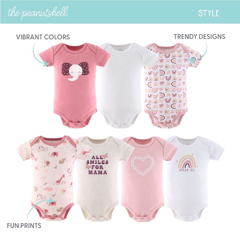 The Peanutshell Short Sleeve Baby Bodysuits for Girls, Rainbow Safari, 7-Pack,  Newborn to 24 Months, 2 of 7