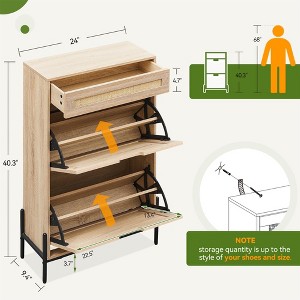 Natural Rattan Shoe Cabinet, 2 Flip Door Shoe Rack with a Drawer, Modern Freestanding Shoe Organizer - 1 of 4