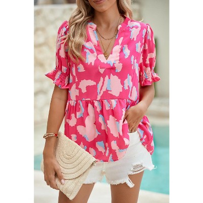 I AM A FASHION JUNKY Rose Abstract Print Smocked Puff Sleeve V Neck Peplum Blouse