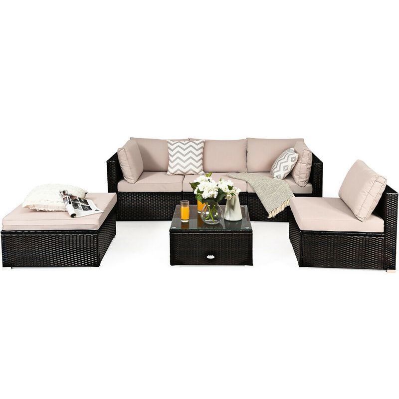 Costway 6PCS Outdoor Patio Rattan Furniture Set Sectional Sofa Ottoman Cushioned, 2 of 10