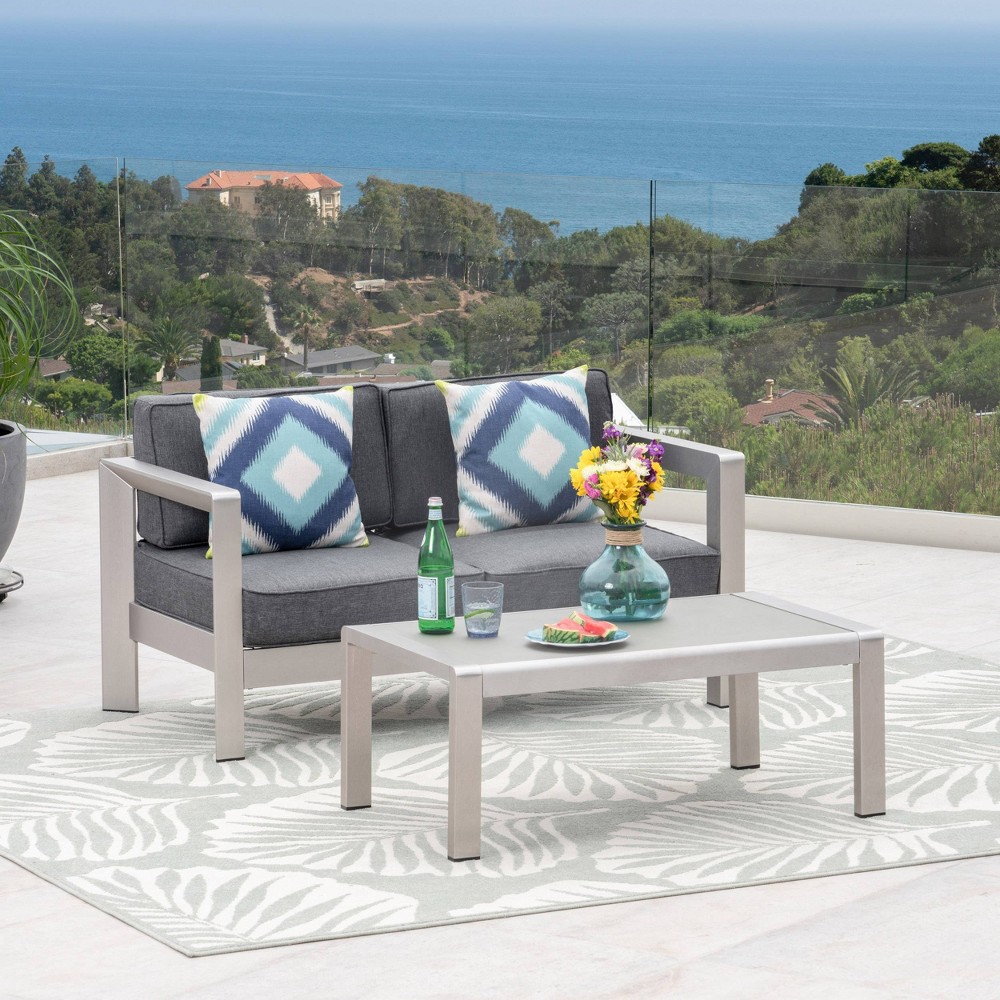 Aviara 2pc Aluminum Patio Loveseat & Coffee Table Set - Gray - Christopher Knight Home