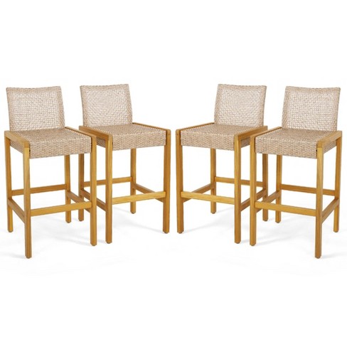 Costway Set of 4 Patio Wood Barstools Rattan Bar Height Chairs with Backrest Porch Balcony - image 1 of 4