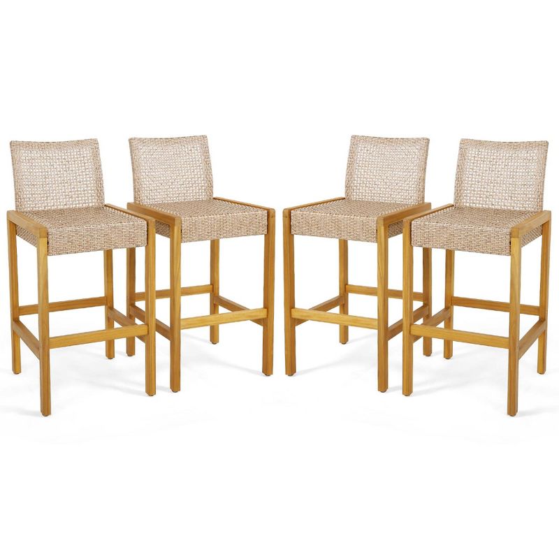 Costway Set of 4 Patio Wood Barstools Rattan Bar Height Chairs with Backrest Porch Balcony, 1 of 9