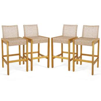 Costway Set of 4 Patio Wood Barstools Rattan Bar Height Chairs with Backrest Porch Balcony