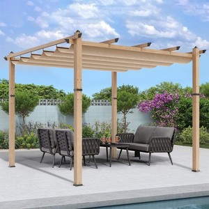 Retractable Aluminum Pergola – 10x10/10x13 Ft Wood-Grain Design, Adjustable Sunshade & Rust-Proof Frame for Patio/Backyard/Garden - 1 of 4