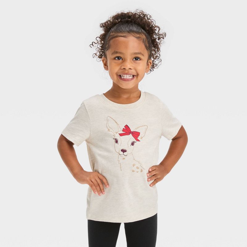 Toddler Girls' Deer Short Sleeve T-Shirt - Cat & Jack™ Heather Beige, 1 of 5