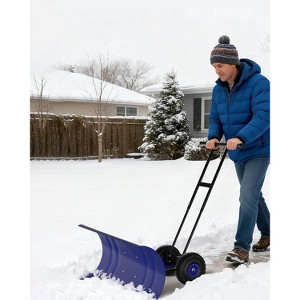 Heavy-Duty Steel Snow Pusher with Wheels, Adjustable Blade & Height Handle, Back-Saving Driveway Snow Plow for Efficient Removal - 1 of 4