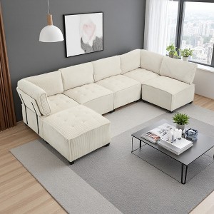 U-Shaped Corduroy Sectional Sofa with Reversible Chaise, Deep Seat & Durable Support - 1 of 4