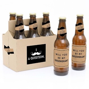 Big Dot of Happiness Kraft Mustache - Will You Be My Groomsman Decorations for Men - 6 Beer Bottle Label Stickers and 1 Carrier - 1 of 4
