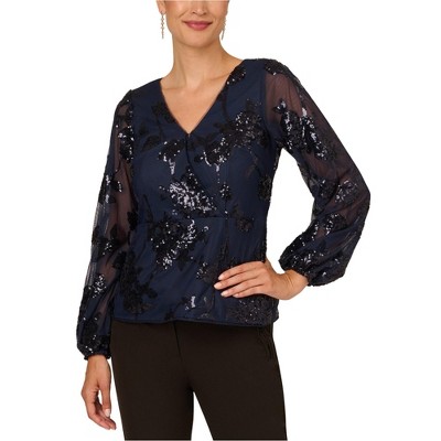 Adrianna Papell Womens Sequin Mesh Peasant Blouse