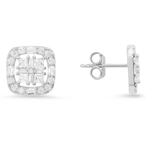 Sterling Silver Princess/Baguette CZ Halo Stud Earrings - 1 of 2