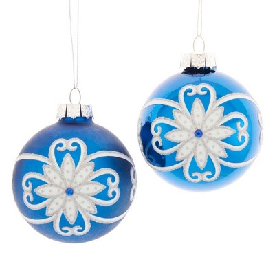 Kurt Adler 80MM Shiny and Matte Blue with White and Silver Flowers Glass Ball Ornaments, 6-Piece Set