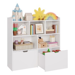Toy Storage Organizer, Wood Open Bookcase with 2 Drawers, 5 Cubbies Toy Storage Cabinet, Floor Storage Chest for Playing Room, White Special Drawer - 1 of 4