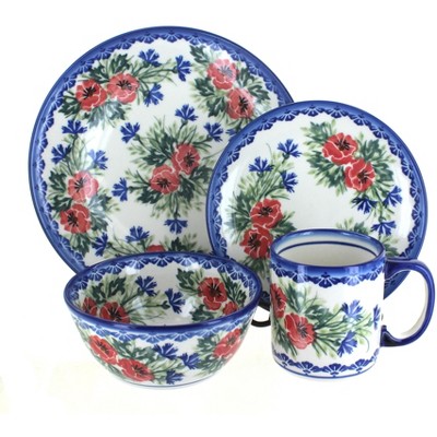 Blue Rose Polish Pottery Cherry Red Bouquet 16 Piece Dinnerware Set