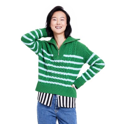 Women's Quarter Zip Striped Cable Knit Sweater - La Ligne x Target Green/Light Blue