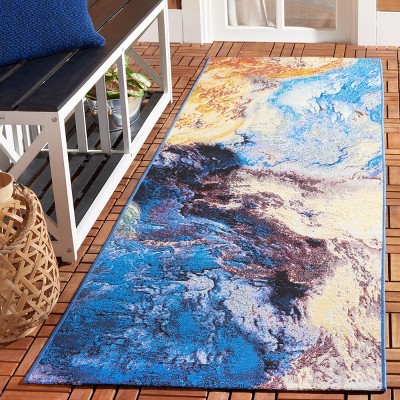 Blue and Rust Abstract Washable Synthetic Runner Rug