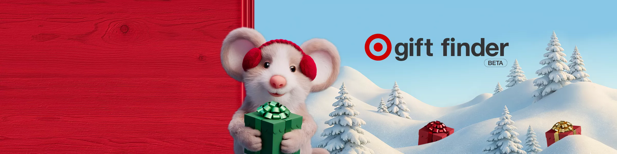 A snowy winter scene introduces Target’s AI Gift Finder chat feature. A white mouse in red earmuffs holds a green gift as search phrases appear in the sky, triggering wrapped presents to fall into the snow. The Target logo and “Gift Finder BETA” appear overhead amid sparkling snow and trees.