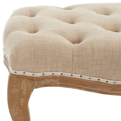 Transitional Beige Linen and Oak Tufted Bench