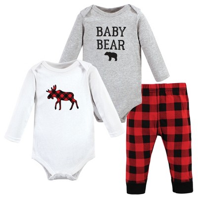 Image of Hudson Baby Unisex Baby Cotton Bodysuit and Pant Set, Buffalo Plaid Moose Bear, 3-6 Months