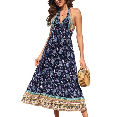 Women's Summer Boho Sleeveless Dress Floral Print Deep V Neck Backless Dress Adjustable Tie Beach Flowy Maxi Dress