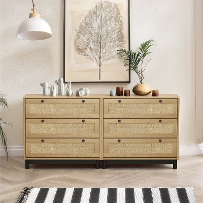 Tiramisubest Oak Sideboard Cabinet with 3 Rope Woven Drawers - Set of 2 Storage Buffets for Dining Room
