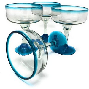 Dos Sueños Mexican Hand Blown  Margarita Glasses - Aqua Rim - 16oz - Set of 4 - 1 of 4