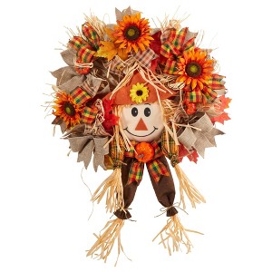 Nearly Natural 30” Scarecrow Fall Artificial Autumn Wreath with Sunflower, Pumpkin and Decorative Bows - 1 of 3