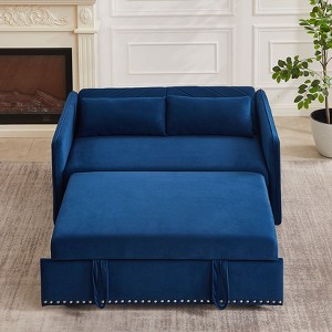 55" Velvet Convertible Sofa Bed - Modern Design with Pull-Out Bed, Pillows, & Grid Design Armrests - 1 of 4
