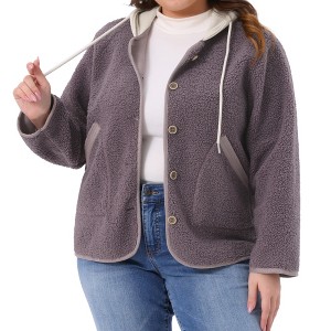 Women's Plus Size Fleece Hooded Fuzzy Long Sleeve Button Down Casual Teddy Jacket with Pockets - Agnes Orinda 3X Purple - 1 of 4