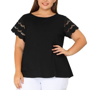 Agnes Orinda Women's Plus Size Round Neck Hollow Lace Panel Short Sleeve Casual Summer Blouses - 1 of 4