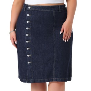 Agnes Orinda Women's Plus Size Denim Button Front High Waist A-Line Midi Casual Jean Skirt - 1 of 4