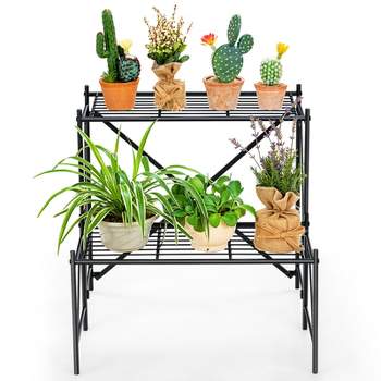 Tangkula 2 Tier Storage Shelf Metal Ladder Plant Stand Flower Pot Display Shelf Rack Natural for Indoor&Outdoor