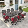 9-Piece Rectangle Cast Aluminum Outdoor Patio Dining Set with Swivel Chairs & Red Cushions & Umbrella Hole - 2 of 4