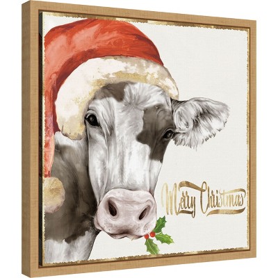 Christmas Cow Print on Canvas with Maple Frame