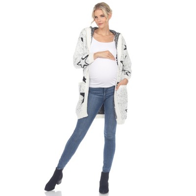 Maternity Hooded Open Front High Pile Fleece Coat -White Mark