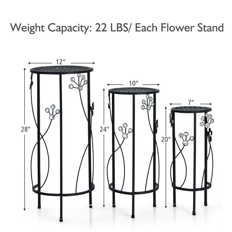 Costway 3 Pcs Metal Plant Stand Set Plant Pot Holder w/Crystal Floral Accents Round, 2 of 10