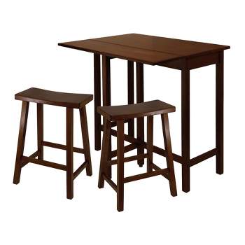3pc 24" Lynnwood High Drop Leaf Counter Height Extendable Dining Table Set with Saddle Seat Stool Walnut - Winsome