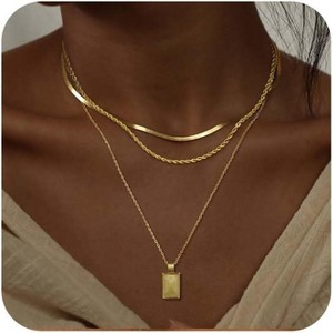 "GOLD SILVER NECKLACES FOR WOMEN - 14K REAL GOLD PLATED STACKABLE CHAIN, DIAMOND CIRCLE CZ PENDANT, TRENDY JEWELRY SET GIFT" - 1 of 4