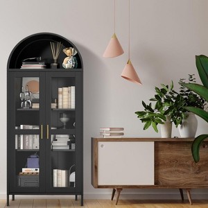 73" Arched Storage Cabinet, Modern Farmhouse Style with Metal Frame, Glass Doors, 2 Adjustable Shelves - 1 of 4