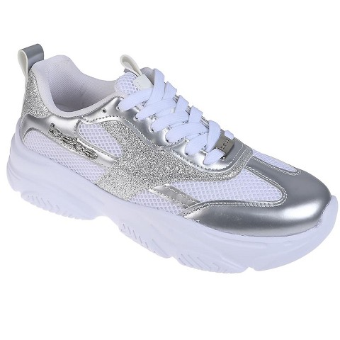 Женские кроссовки Bebe Women's Fashion Platform Lace-Up Shoes - Chunky Sneakers with Mesh & Rhinestone Accents, Silver, 9