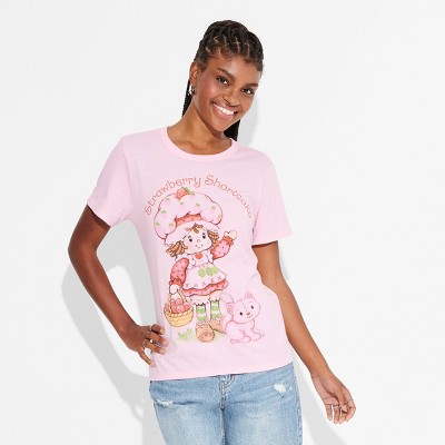 Women's Oversized Print Strawberry Shortcake Short Sleeve Graphic T-Shirt - Pink XXS