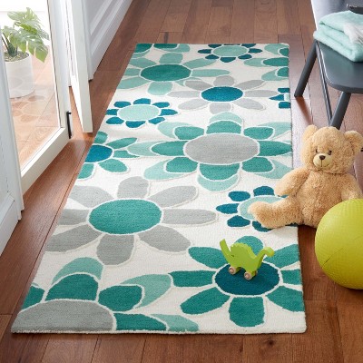 Ivory and Green Floral Hand-Tufted Wool Kids Runner Rug